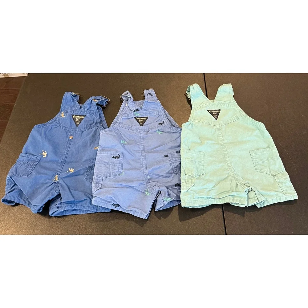 OshKosh Boys 6-9M Shortall Overalls Blue Mint Alligator Dinosaur  Bundle Of‎ 3
